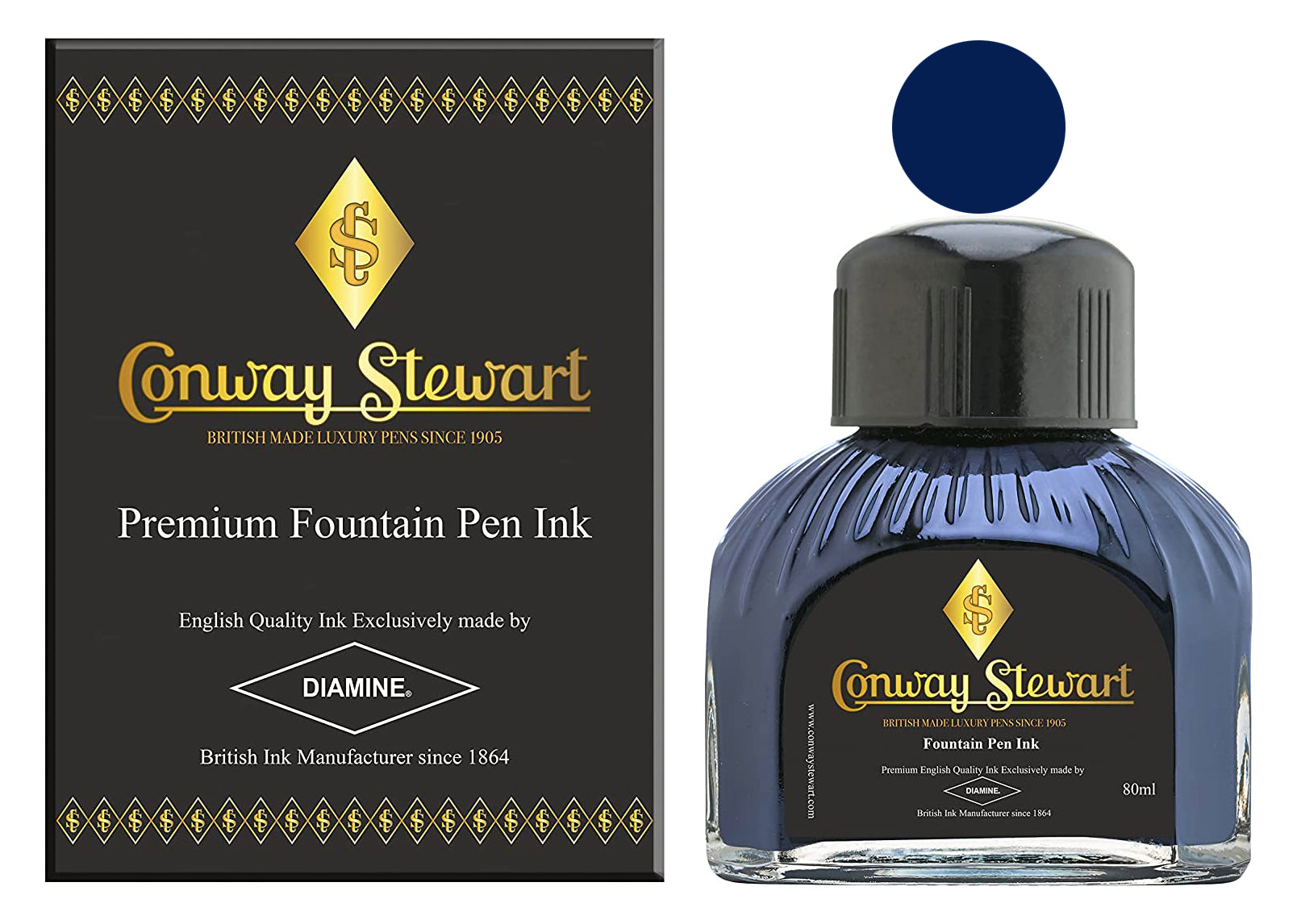 Conway Stewart Blue Black瓶装钢笔墨水，80毫升装礼盒配色卡