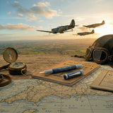 Conway Stewart Spitfire fountain pen resting on a pilot's notebook with compass, flying helmet, and map