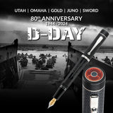 D-Day 80th Anniversary Poppy Pen over a Normandy landing photo, with poppy cap-top inset, 1944-2024