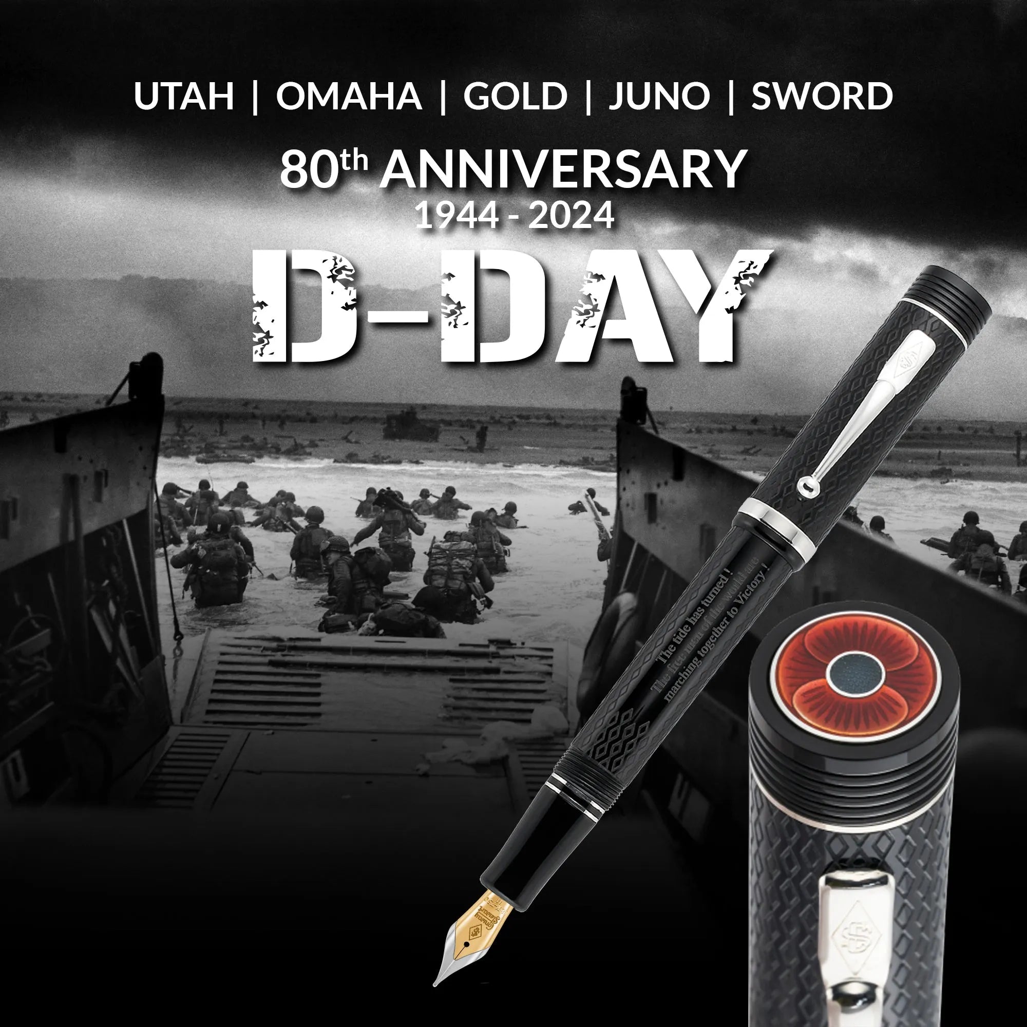 D-Day 80th Anniversary Poppy Pen over a Normandy landing photo, with poppy cap-top inset, 1944-2024