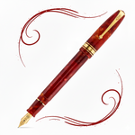 Conway Stewart Series 100 Cherry Red Füllfederhalter mit dekorativen roten Schwung-Grafiken auf weißem Hintergrund