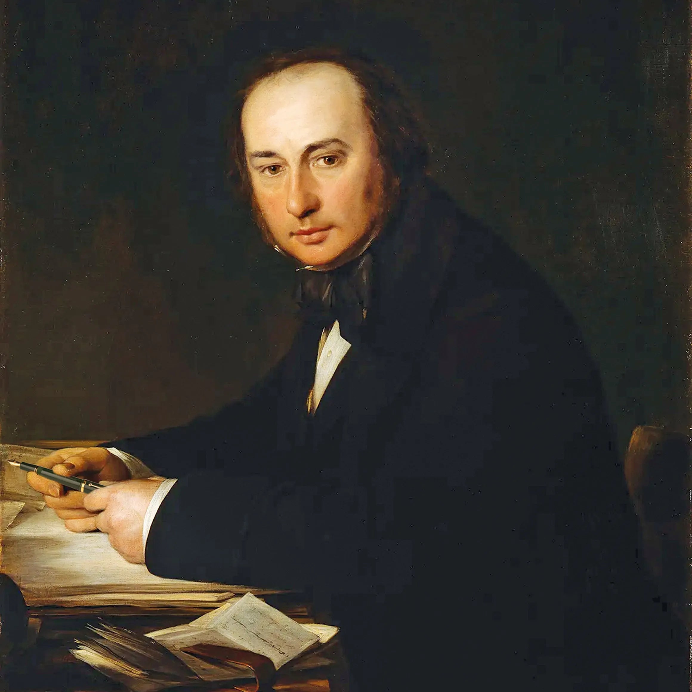 Ölporträt von Isambard Kingdom Brunel, sitzend an einem Schreibtisch, Stift in der Hand