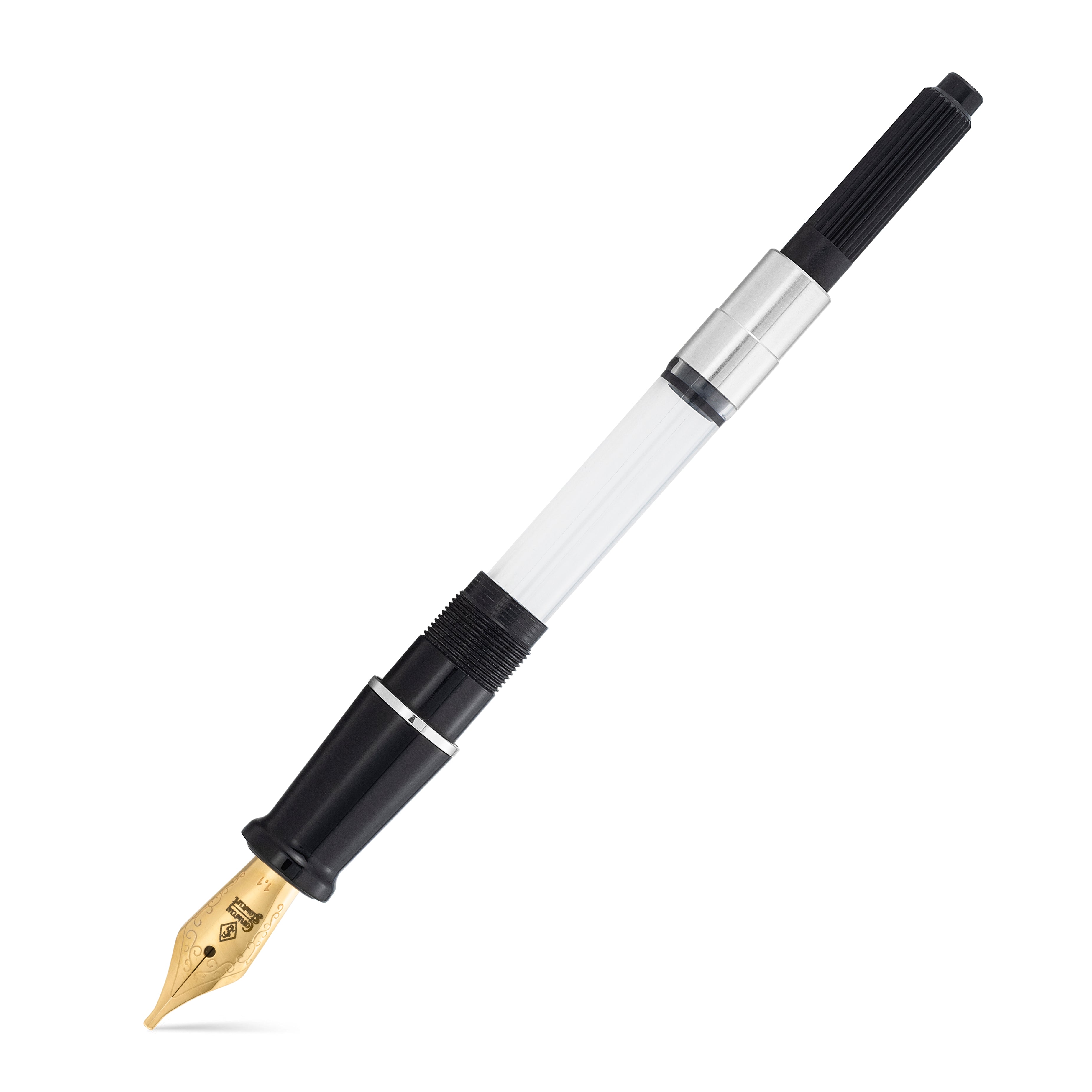 Plume de calligraphie taille 5 Conway Stewart, cerclée d'argent, convertisseur fixé, vue en diagonale