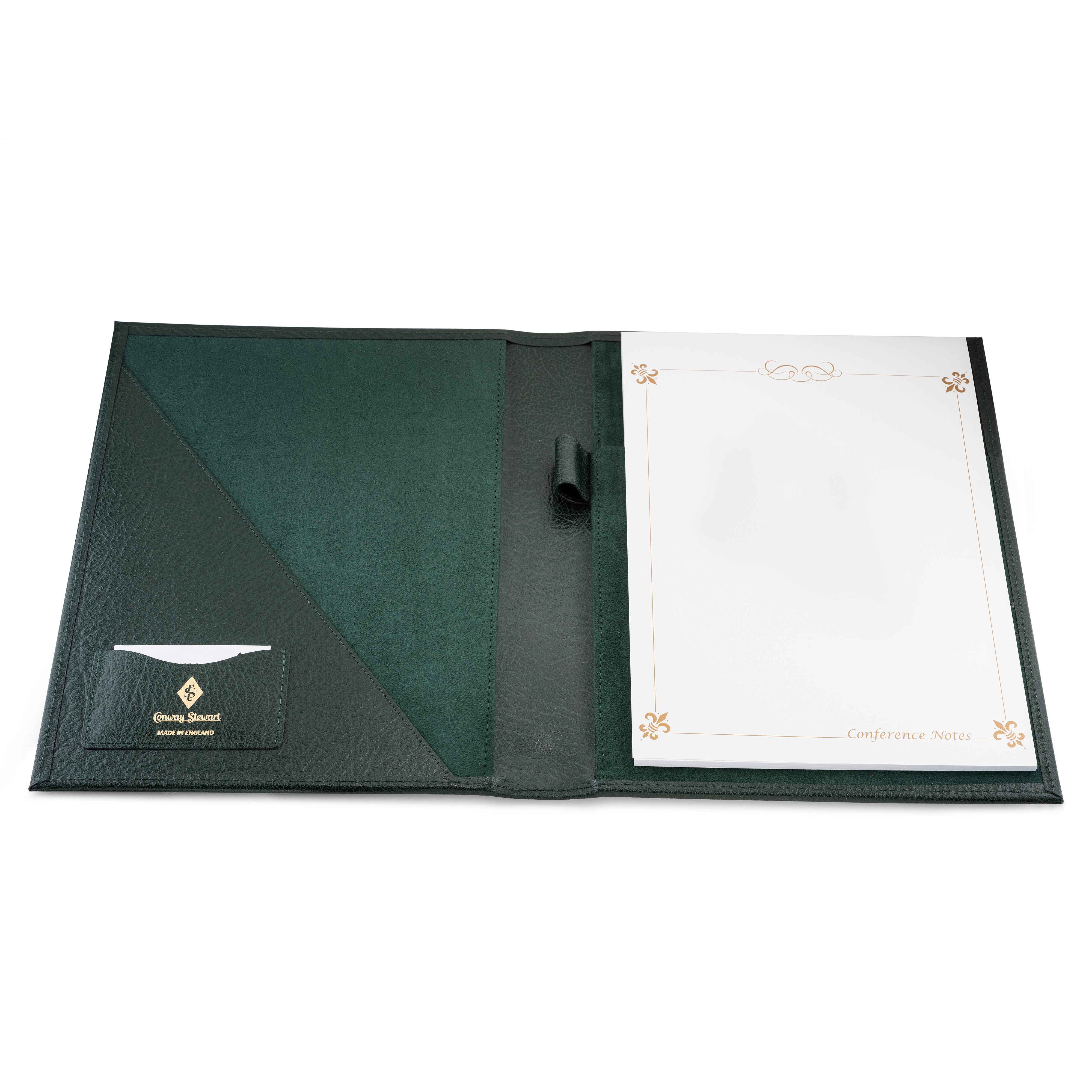 Porte-documents A4 en cuir Conway Stewart ouvert, montrant le porte-stylo et le bloc Conference Notes vierge