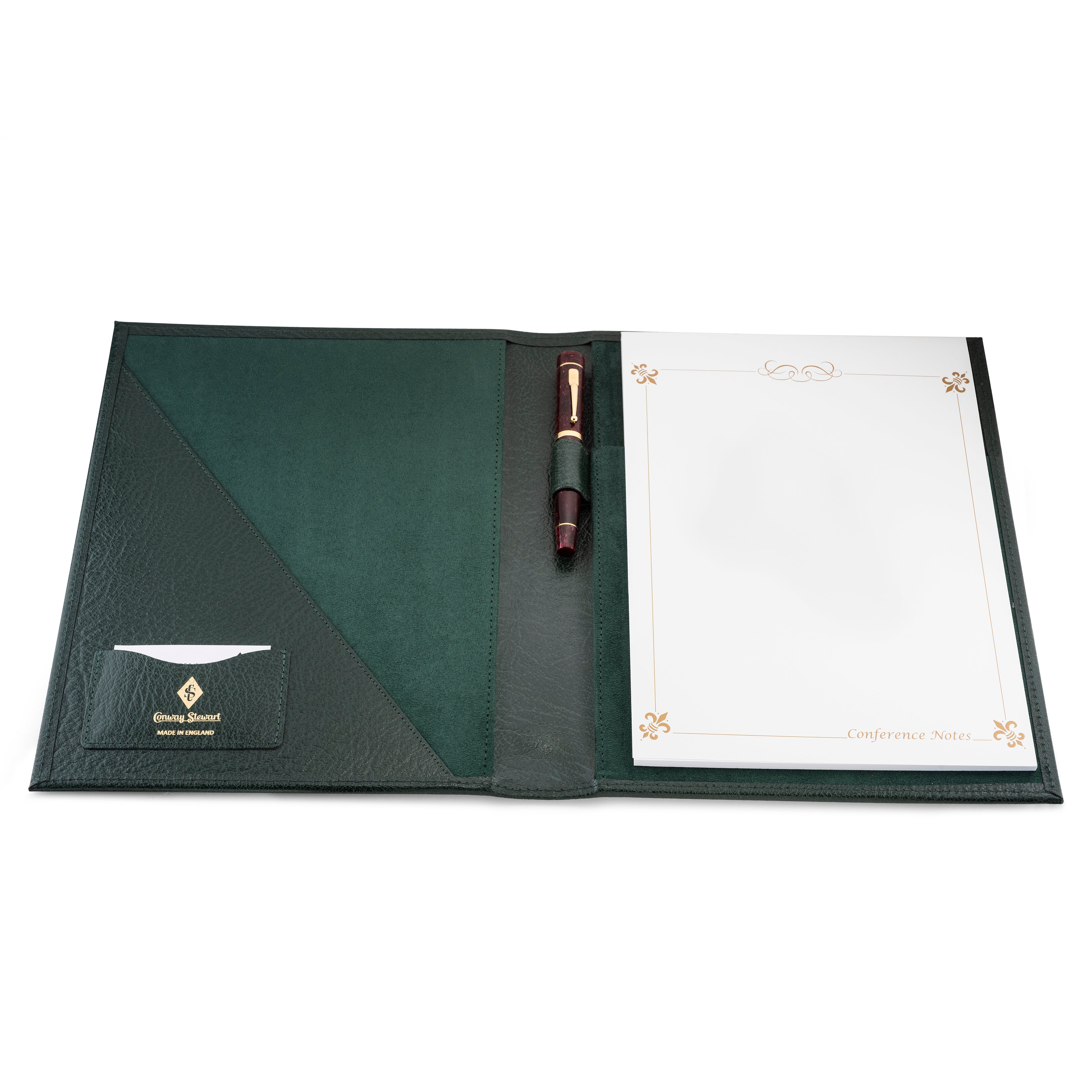 Porte-documents A4 en cuir Conway Stewart ouvert, avec un stylo-plume bordeaux glissé dans le porte-stylo