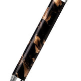 Dartmoor Scribbler ballpoint on white background, brown and black marbled resin with silver trim