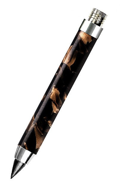 Dartmoor Scribbler ballpoint on white background, brown and black marbled resin with silver trim