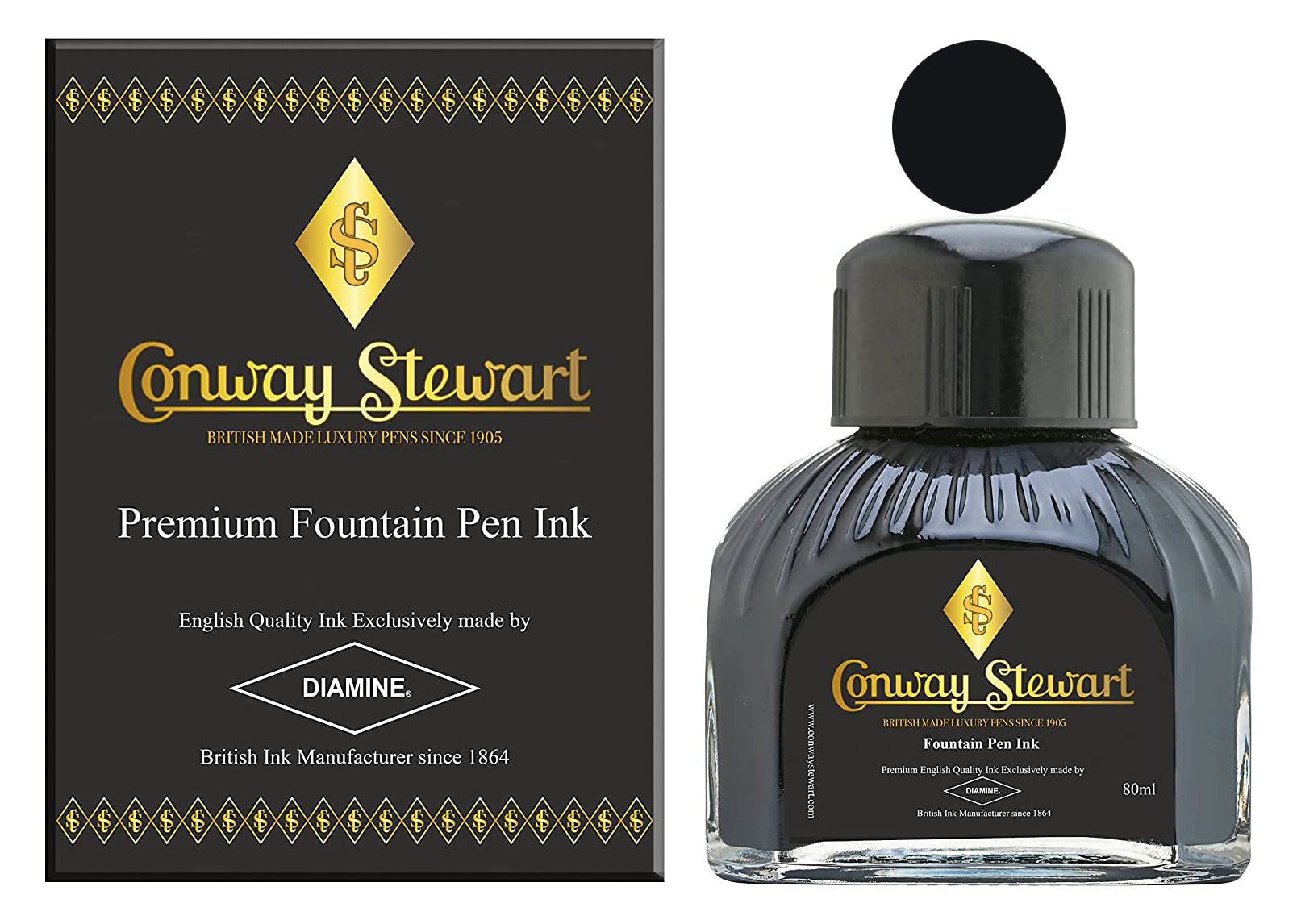 Conway Stewart Onyx Black Füllfederhalter-Tinte in Flaschen, verpackte 80-ml-Flasche mit Tintenmuster