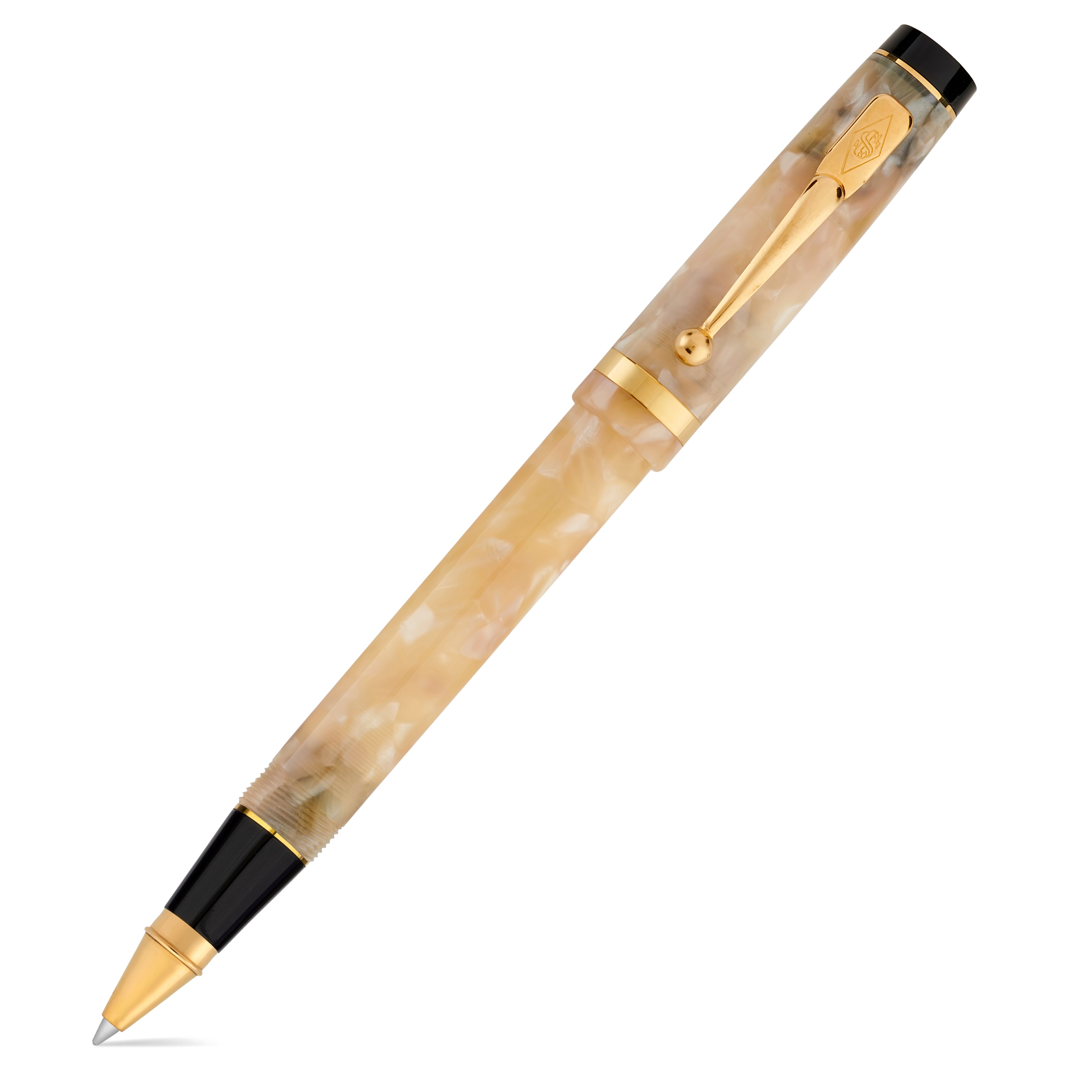 Conway Stewart Duro Opal Tintenroller aus cremefarben marmoriertem Acryl, Kappe geschlossen, Gold- und Schwarzakzente