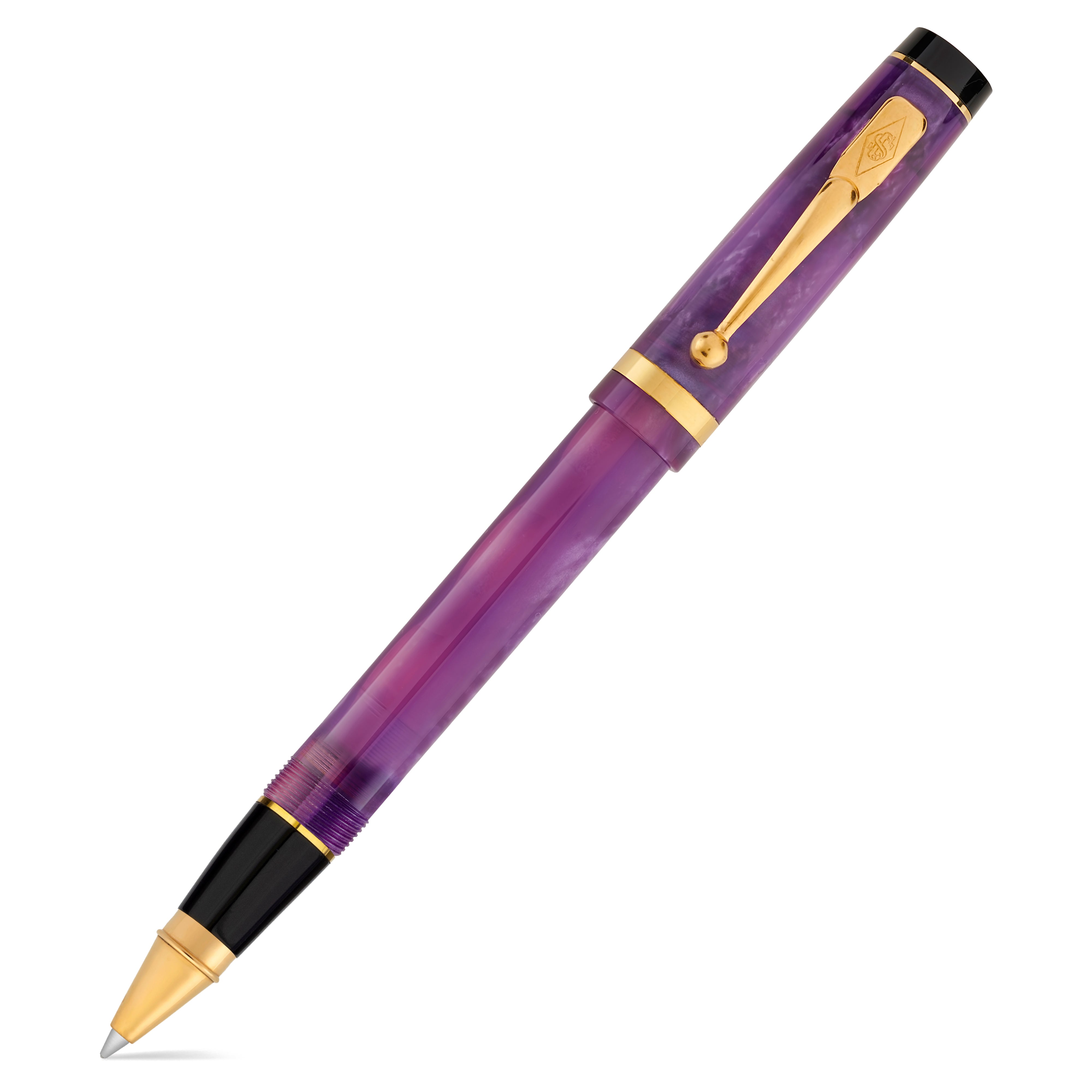 Duro Purple Amethyst Tintenroller auf weißem Hintergrund, violett marmoriertes Edelharz mit Goldakzenten