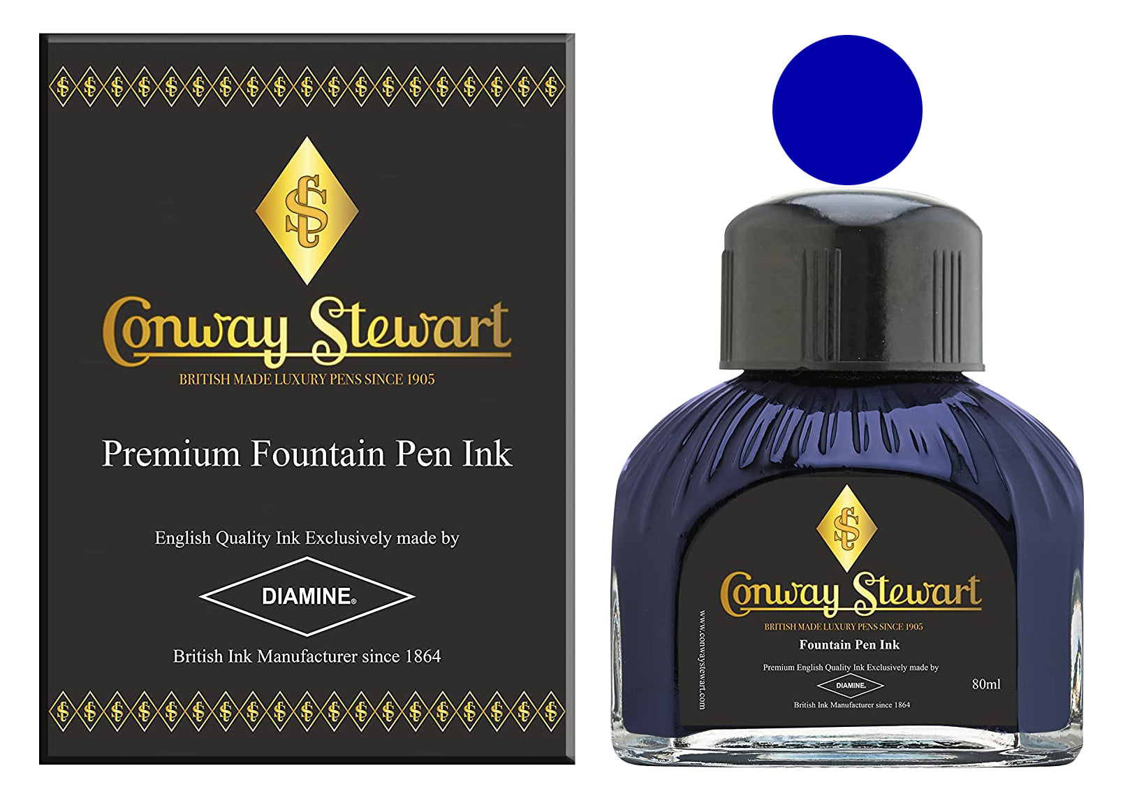 Conway Stewart Sapphire Blue Füllfederhalter-Tinte in Flaschen, verpackte 80-ml-Flasche mit Tintenmuster
