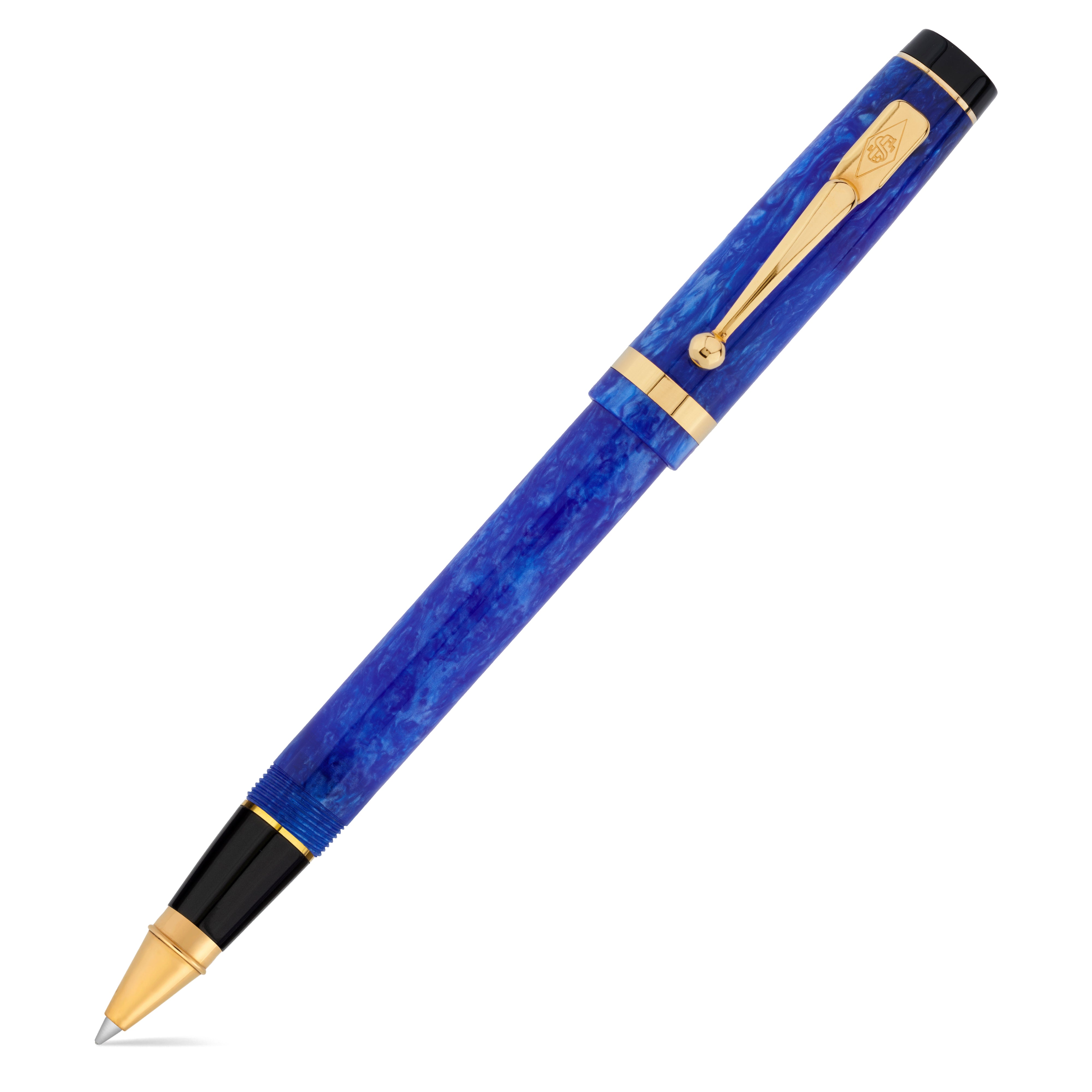 Duro Sapphire Blue Tintenroller auf weißem Hintergrund, blau marmoriertes Edelharz mit Goldakzenten