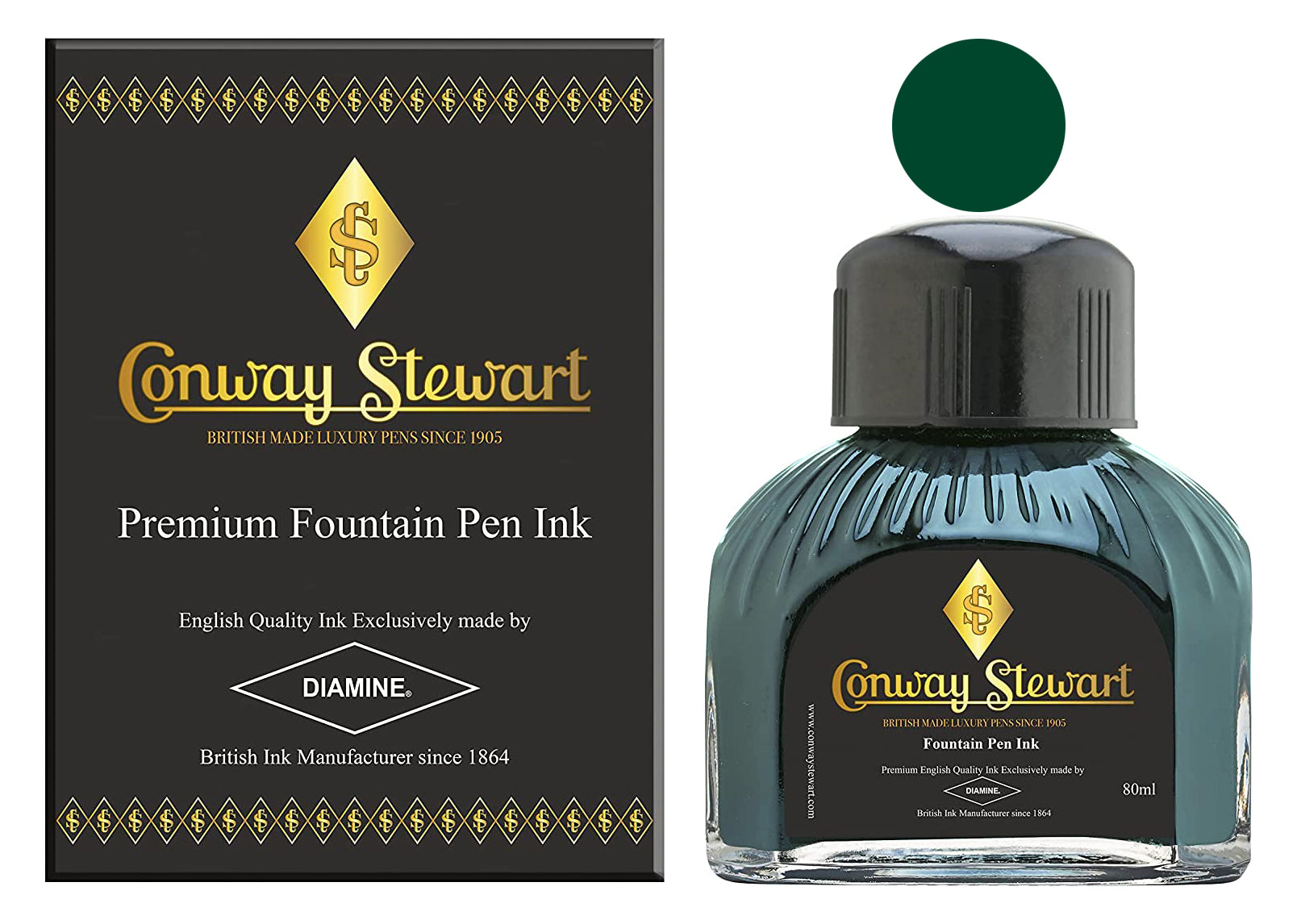 Conway Stewart Sherwood Green Füllfederhalter-Tinte in Flaschen, verpackte 80-ml-Flasche mit Tintenmuster
