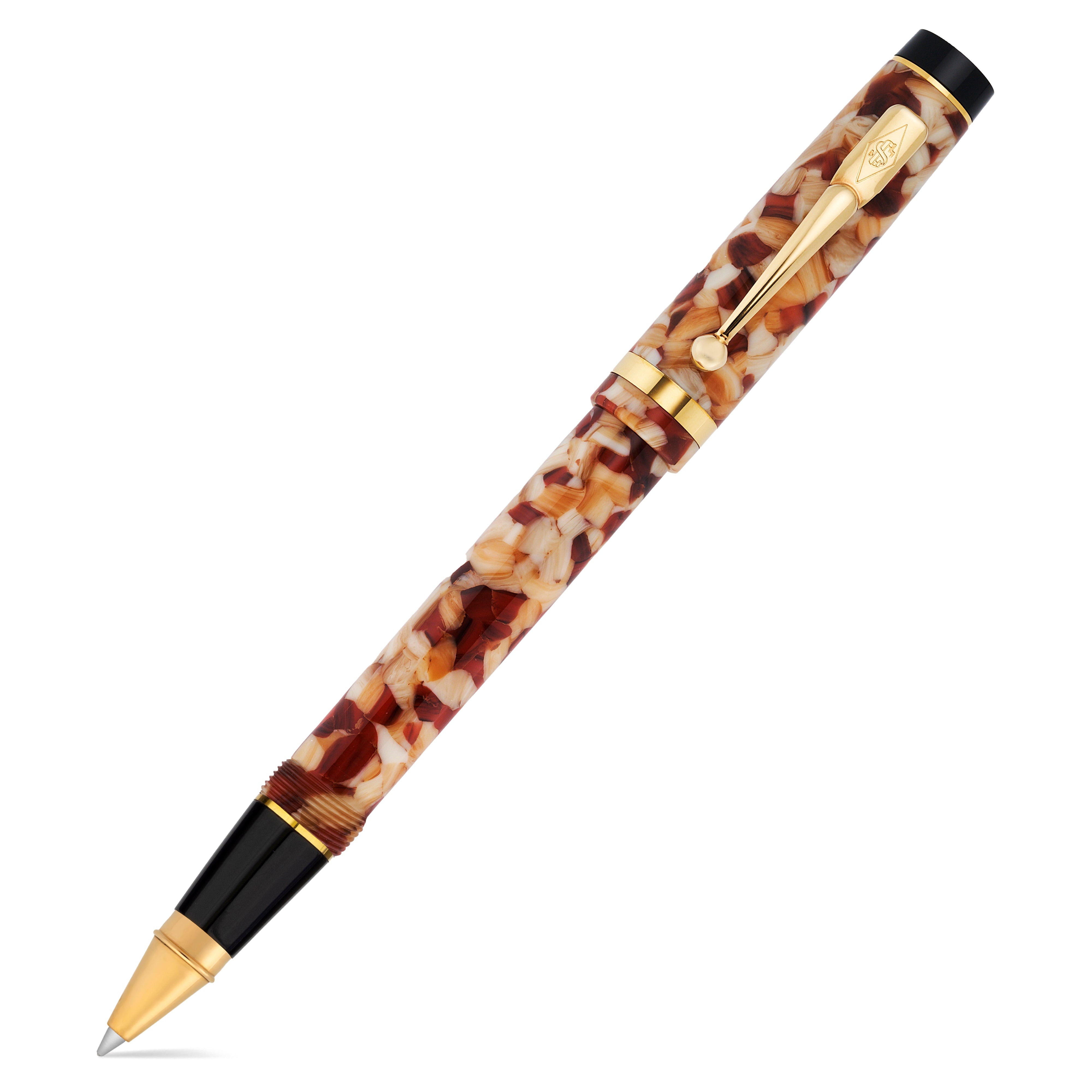 Conway Stewart Duro Shingle Tintenroller aus braun-cremefarben marmoriertem Acryl, mit geschlossener Kappe, Goldakzente