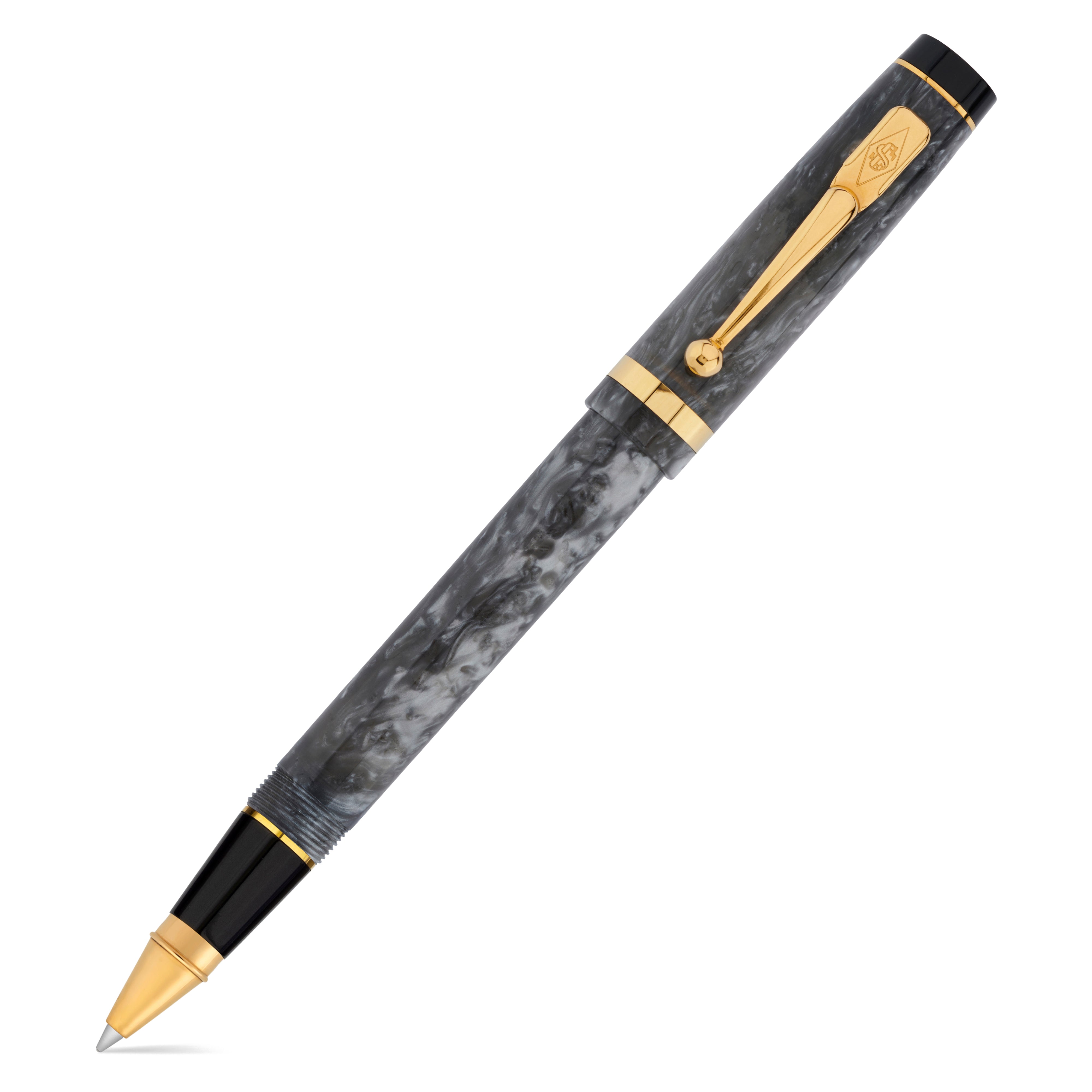 Conway Stewart Duro Silver Storm Tintenroller mit geschlossener Kappe, grau marmoriertes Acryl mit Goldakzenten