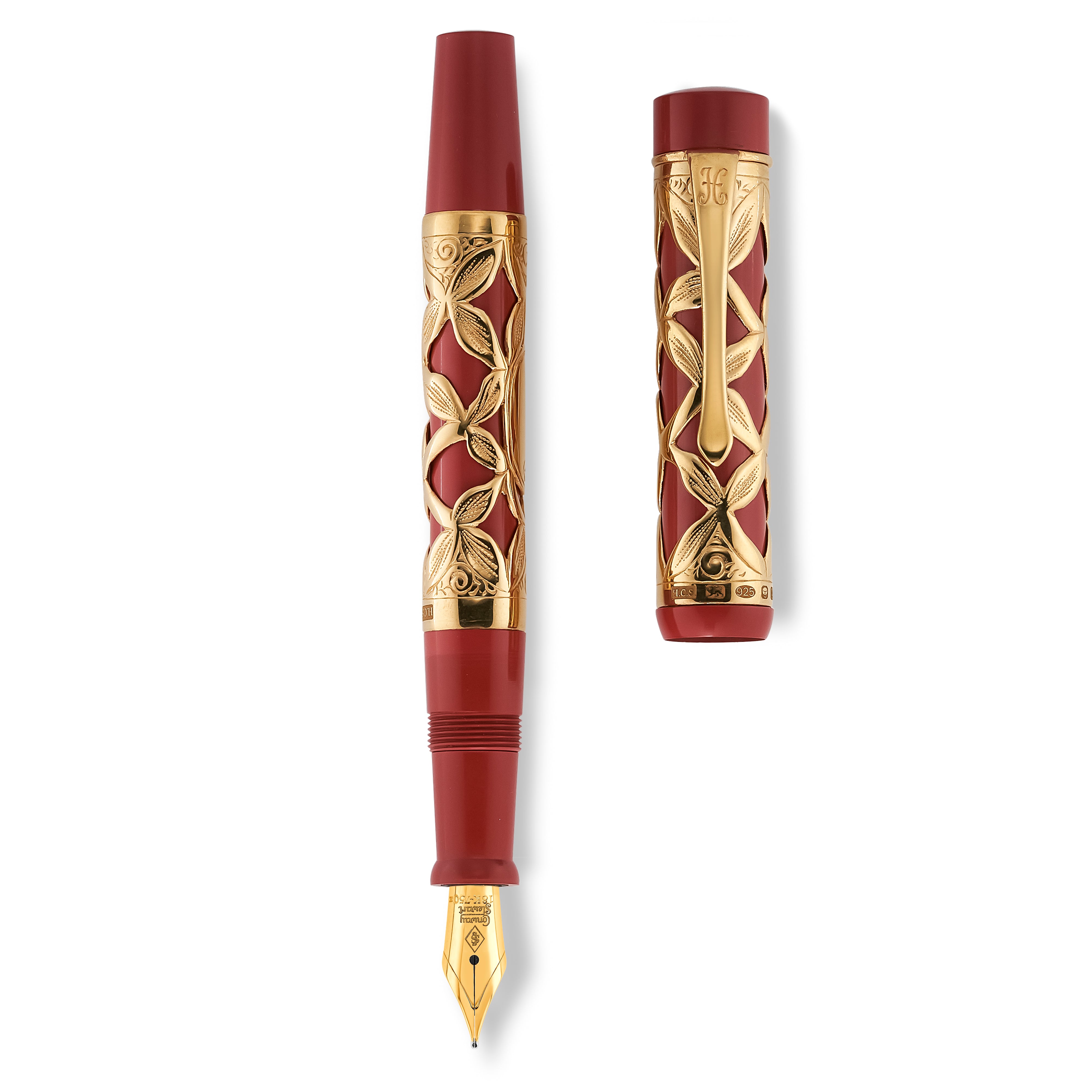 Henry Simpole Jasmin Vermeil Stift, Kappe geschlossen und geöffnet nebeneinander, Filigranmuster auf beiden sichtbar