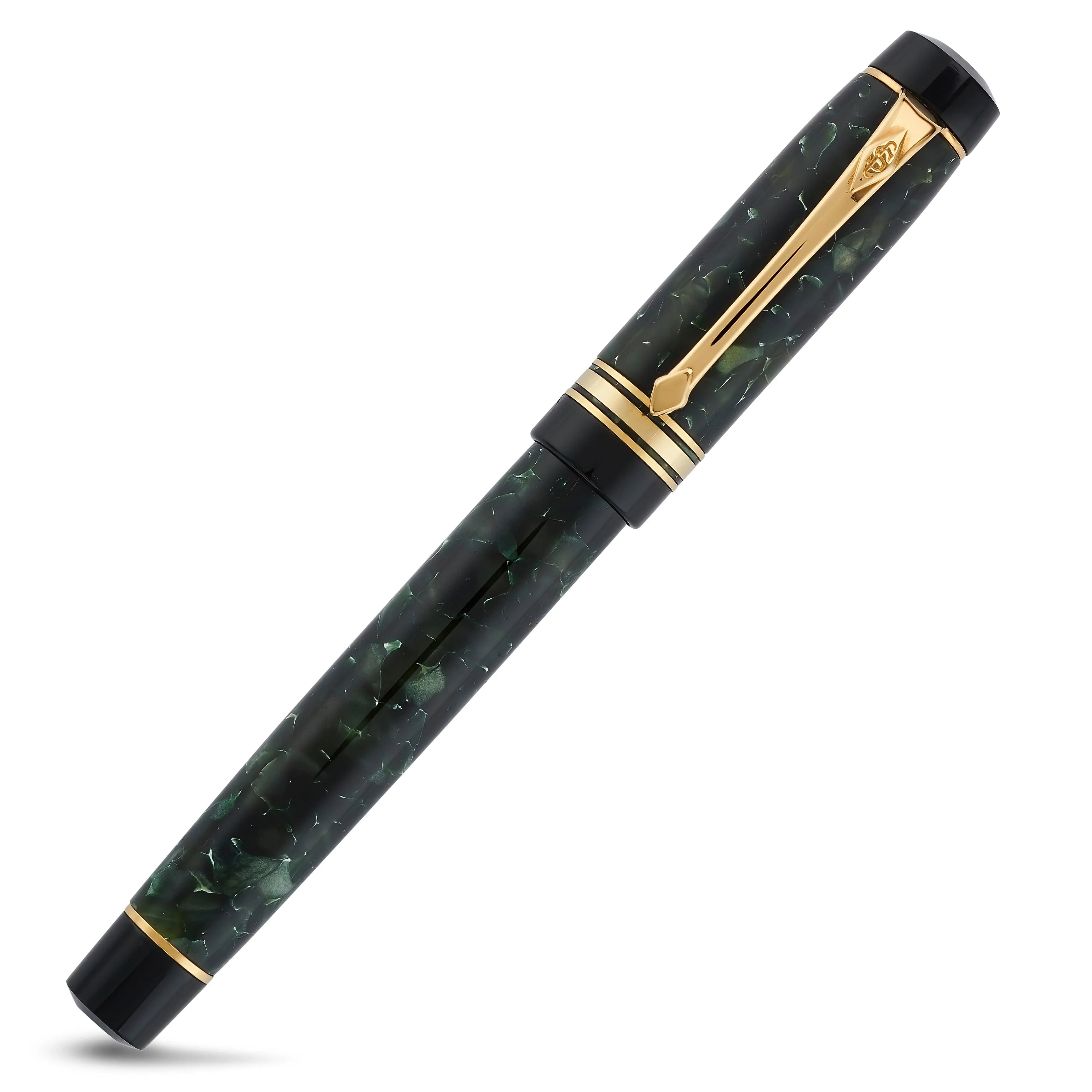 Belliver Classic Green fountain pen capped, shown from a slightly rotated angle showing the green marbling