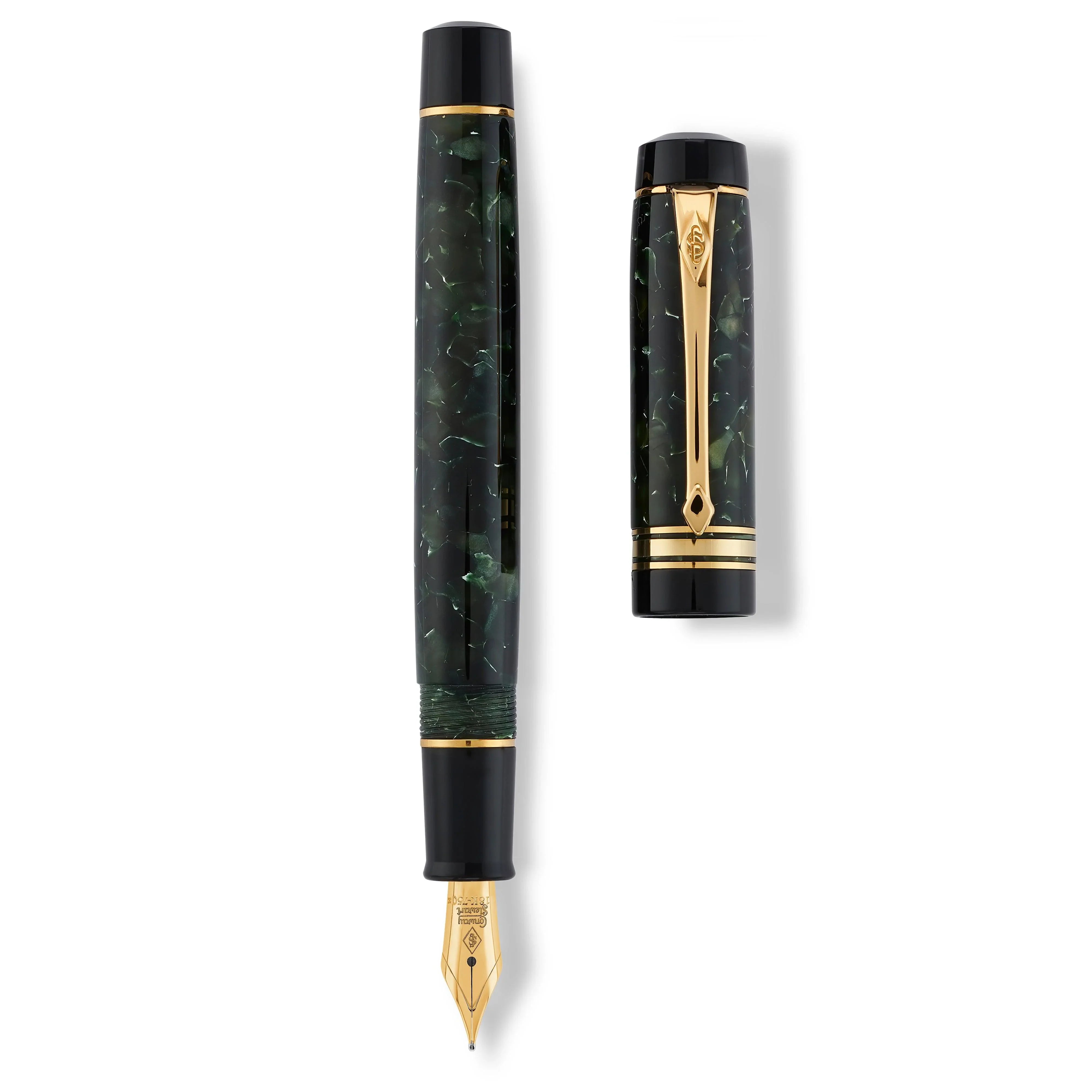 Belliver Classic Green pen and cap shown separately from above, comparing barrel and cap patterning
