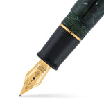 Close-up of the Belliver Classic Green nib, a gold nib engraved with the Conway Stewart crest