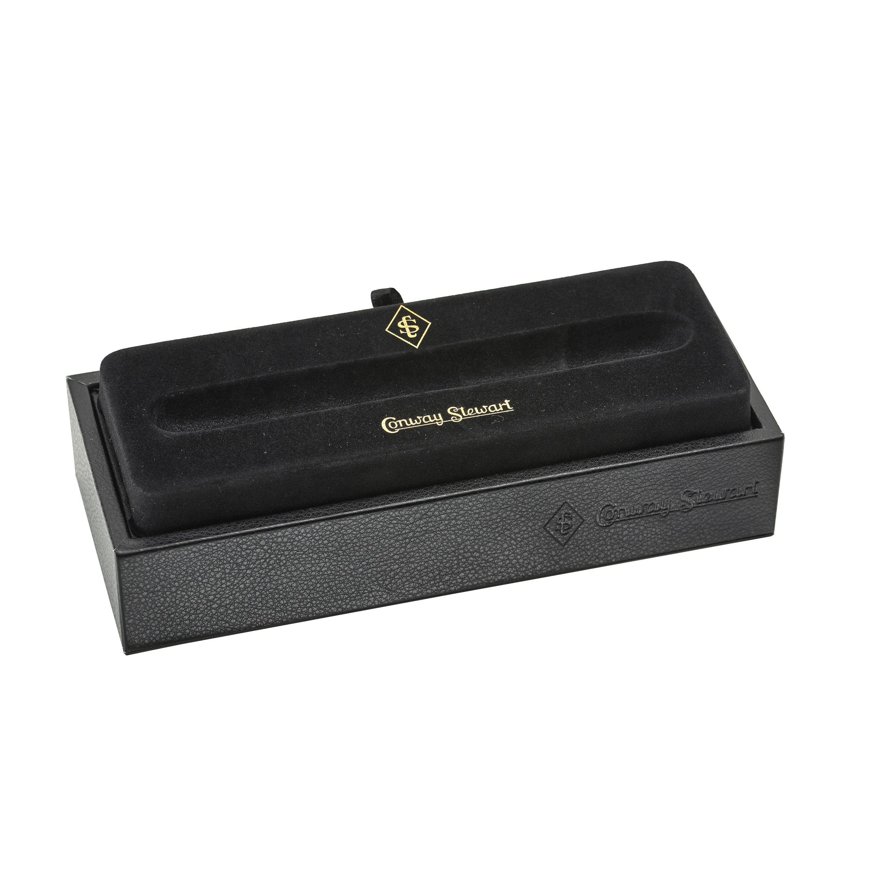 Open black Conway Stewart presentation box with velvet pen tray, shown empty