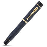 Capped Churchill Blue Chased fountain pen, reverse diagonal angle showing the clip and cap bands