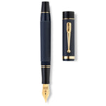 Churchill Blue Chased fountain pen barrel and cap laid side by side, overhead flat lay