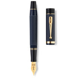 Churchill Blue Chased fountain pen barrel and cap laid side by side, overhead flat lay