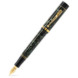 Conway Stewart Churchill Bracket Green fountain pen, capped, shown diagonally with its curved bracket clip