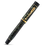 Churchill Bracket Green fountain pen capped, shown from a slightly rotated angle showing the green marbling