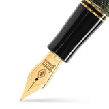 Close-up of the Churchill Bracket Green nib, a gold nib engraved with the Conway Stewart crest