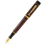 Churchill Burgundy fountain pen uncapped, showing marbled burgundy acrylic and gold trim