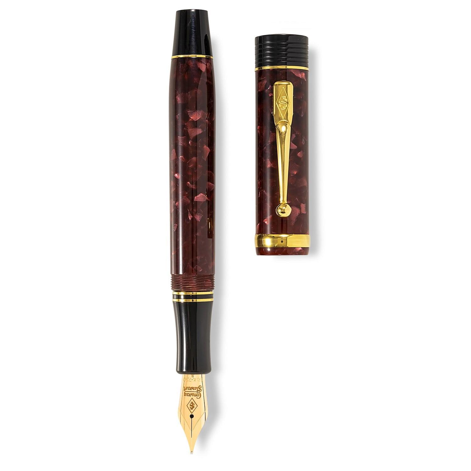 Churchill Burgundy fountain pen shown uncapped beside its cap, flat lay view