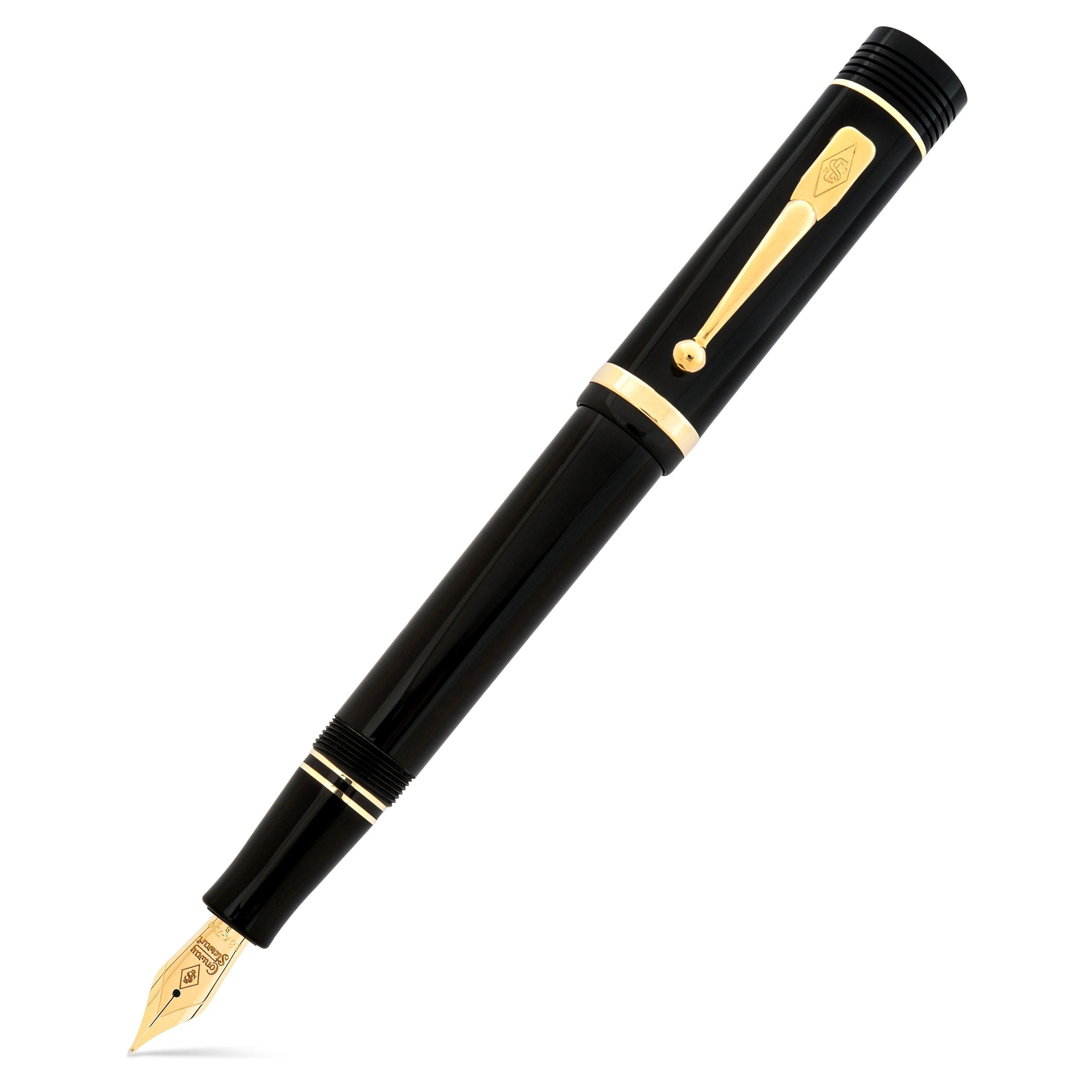 Conway Stewart Churchill Classic Black Gold fountain pen, capped, shown diagonally with gold-plated trim