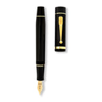 Churchill Classic Black Gold pen and cap shown separately from above, comparing barrel and cap detail