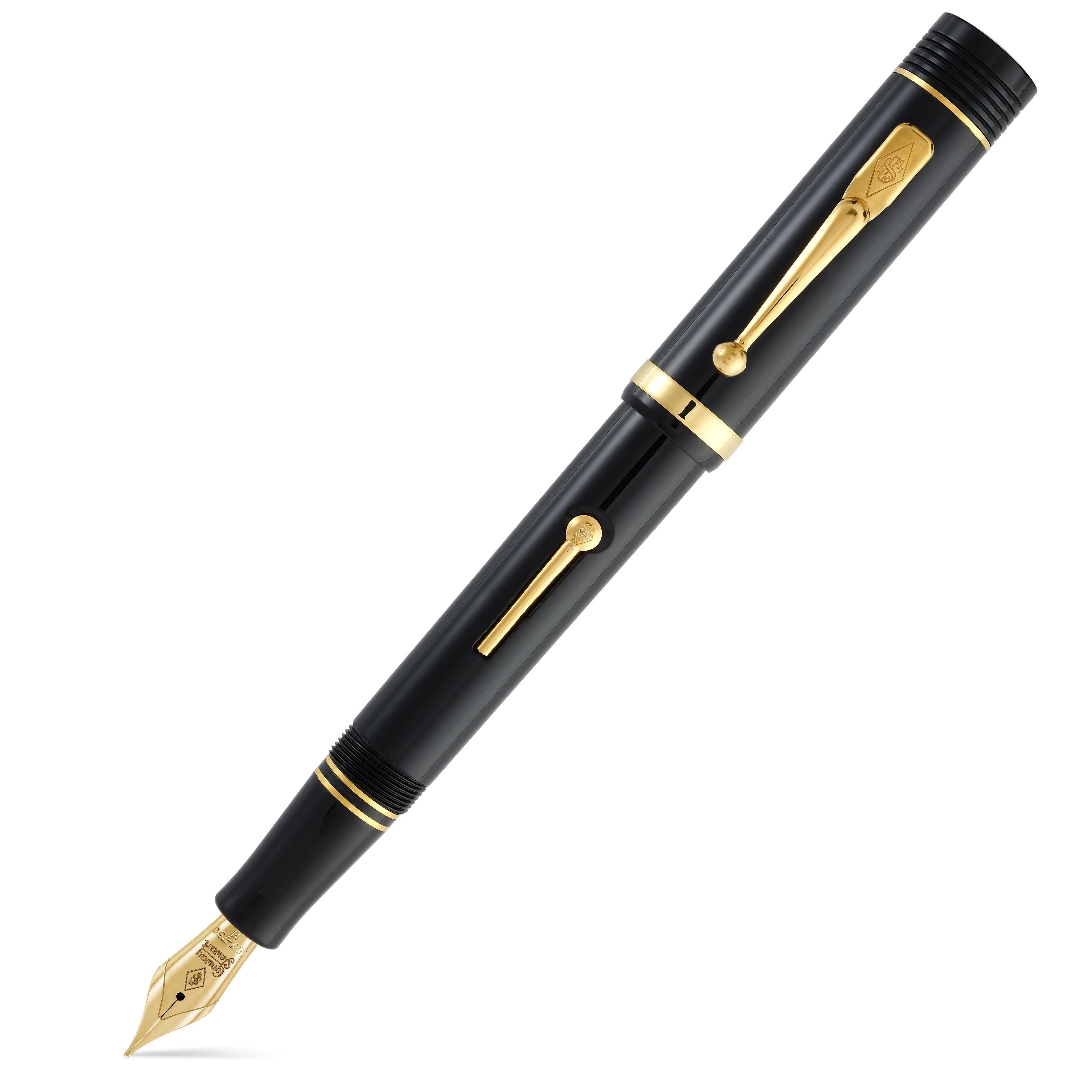Churchill Classic Black Lever-Fill pen capped, diagonal view showing the black barrel, gold trim and lever