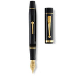 Churchill Classic Black Lever-Fill pen shown capped and with cap detached, gold nib and lever visible