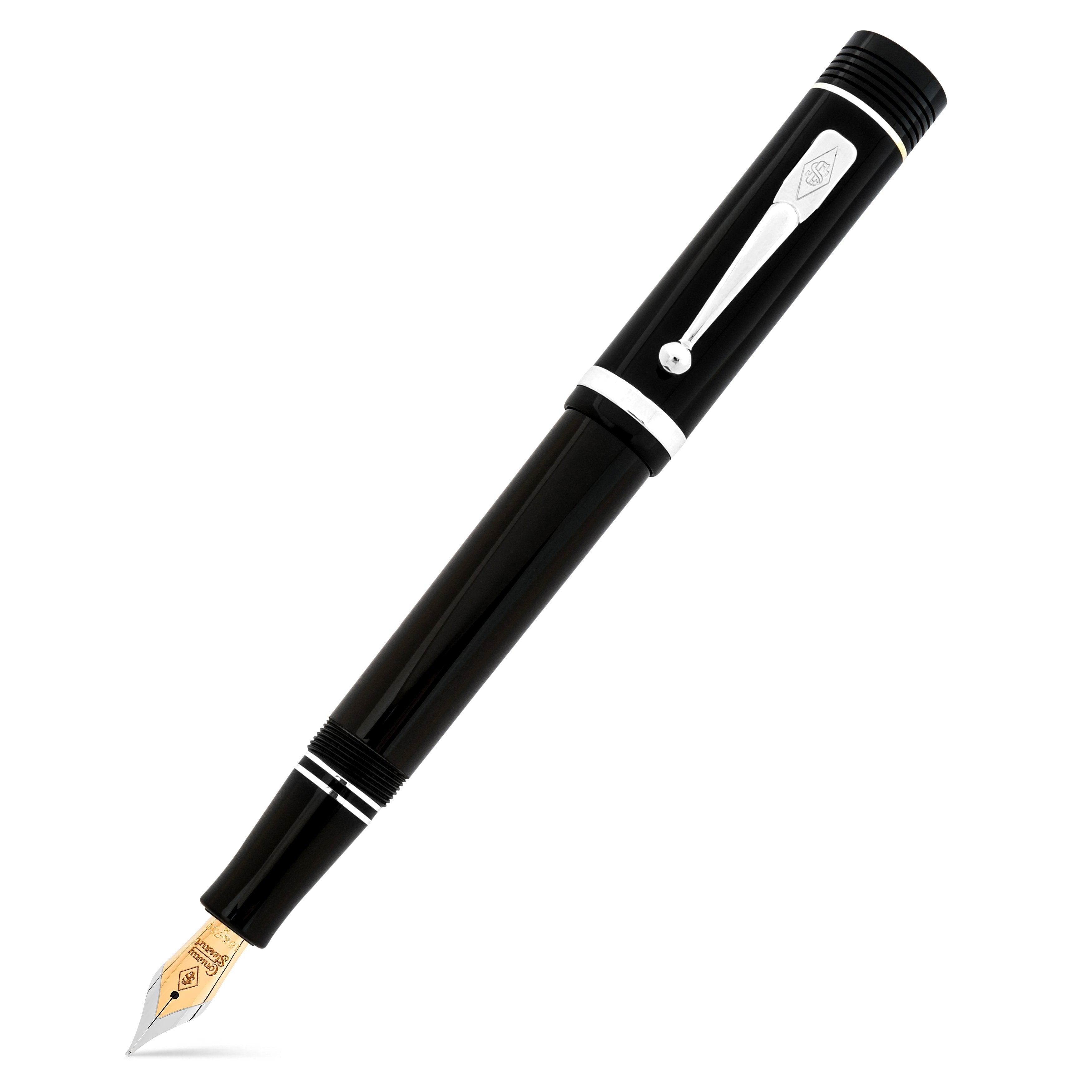 Churchill Classic Black Silver pen capped, diagonal view of the black barrel with silver-tone trim