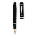 Churchill Classic Black Silver pen shown capped and with cap detached, gold nib and silver clip visible