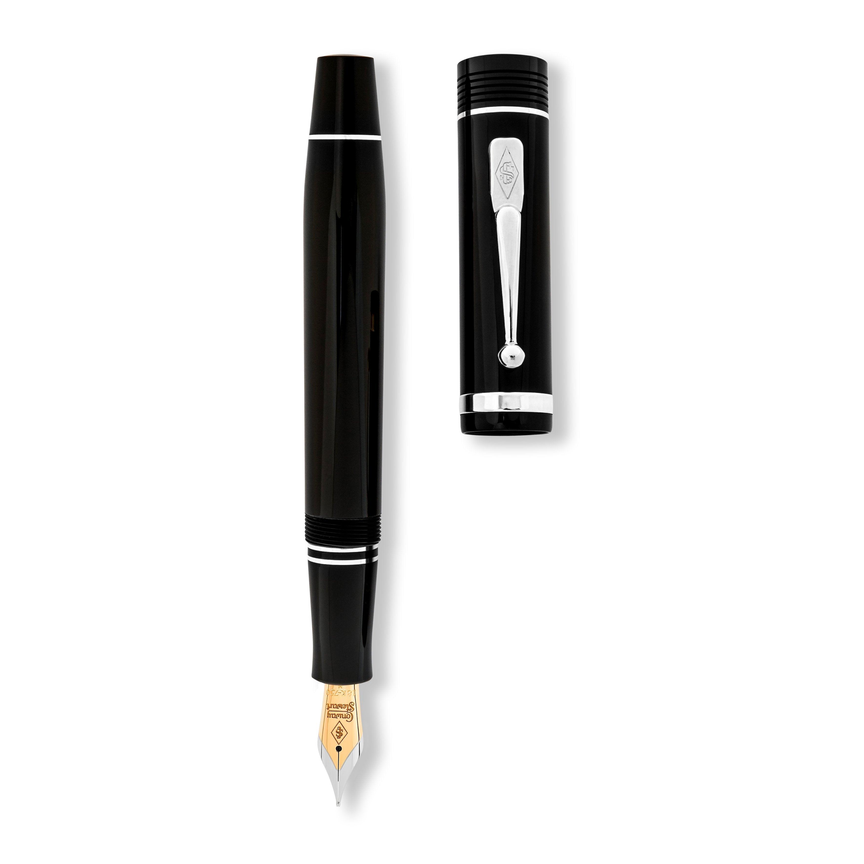 Churchill Classic Black Silver pen shown capped and with cap detached, gold nib and silver clip visible