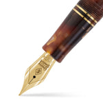 Churchill Classic Brown Lever-Fill निब का क्लोज़-अप, एक गोल्ड निब जिस पर Conway Stewart क्रेस्ट उत्कीर्ण है