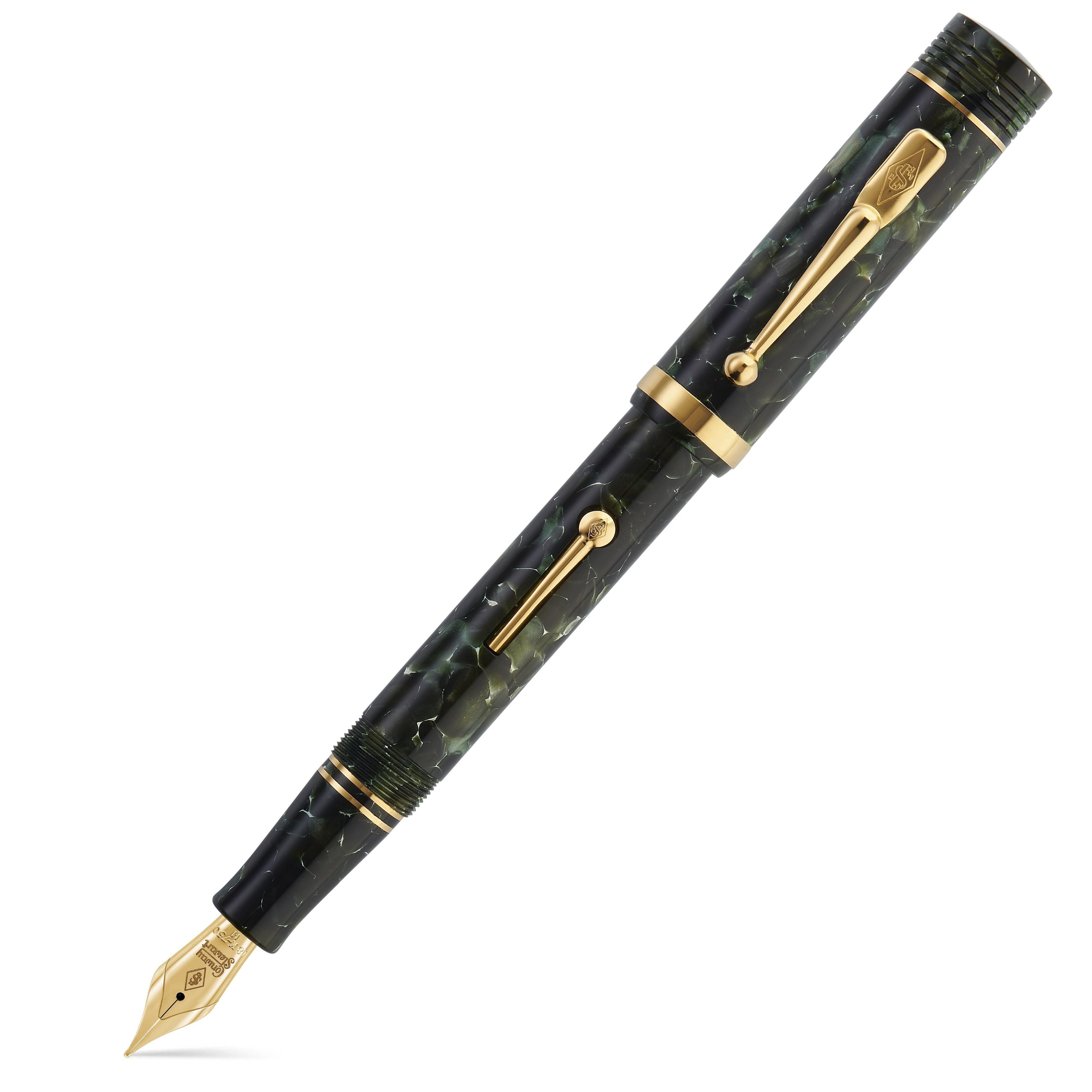 Churchill Classic Green Lever-Fill fountain pen uncapped, green marbled acrylic with gold lever filler