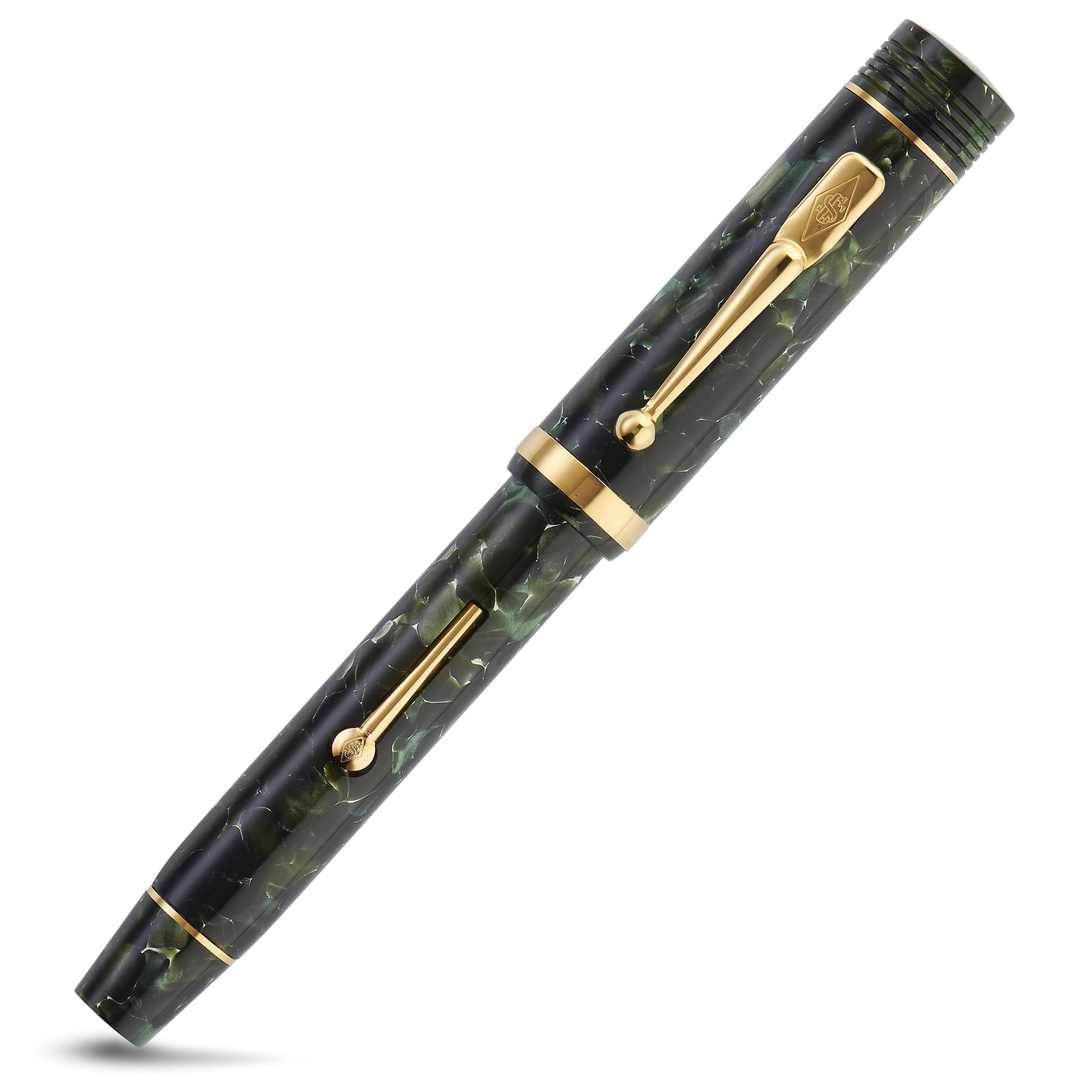 Churchill Classic Green Lever-Fill fountain pen capped, showing the gold lever filler on the barrel