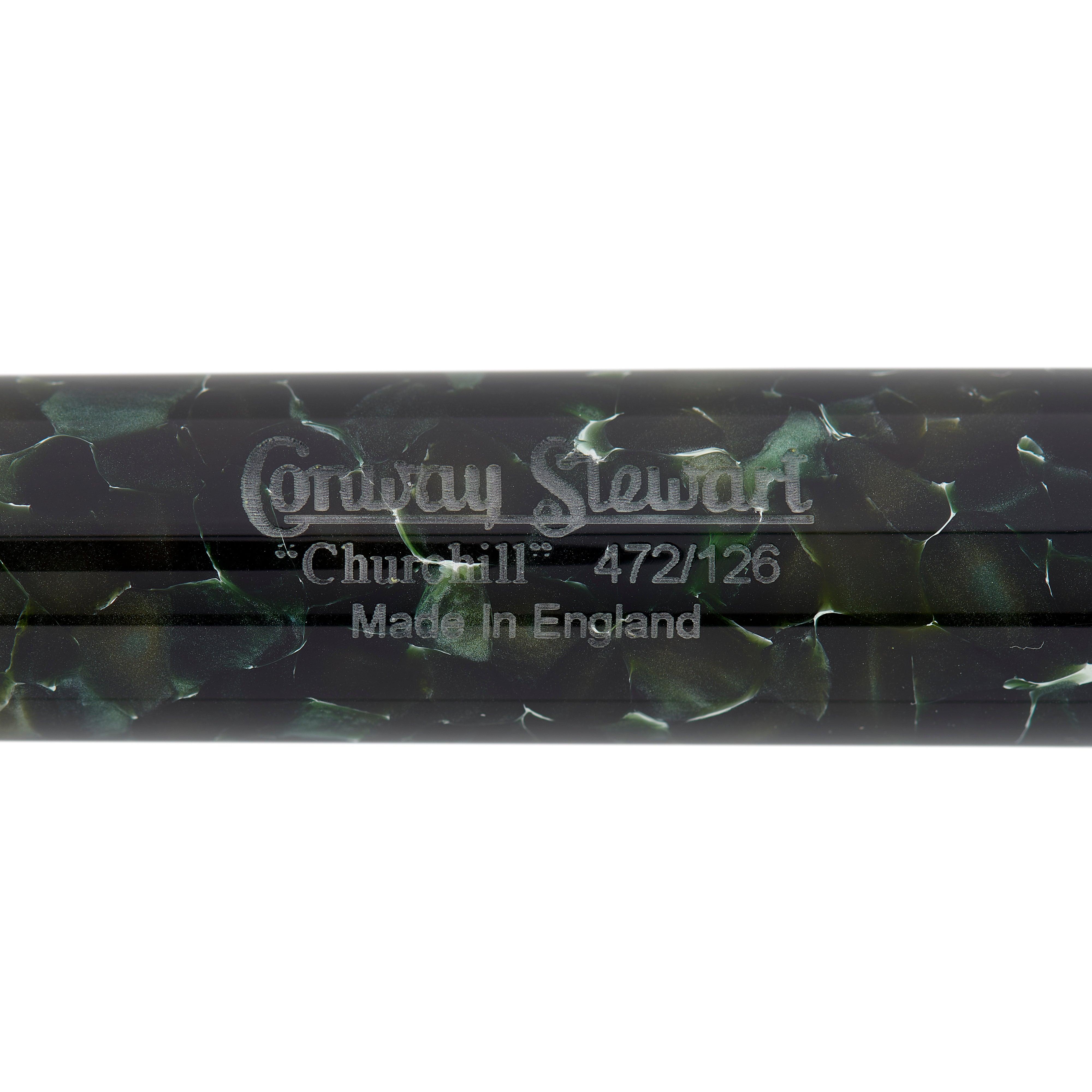 Close-up of Churchill Classic Green Lever-Fill barrel engraving reading Conway Stewart Churchill, made in England