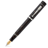 Churchill Dartmoor Silver fountain pen uncapped, dark brown marbled acrylic with chrome trim