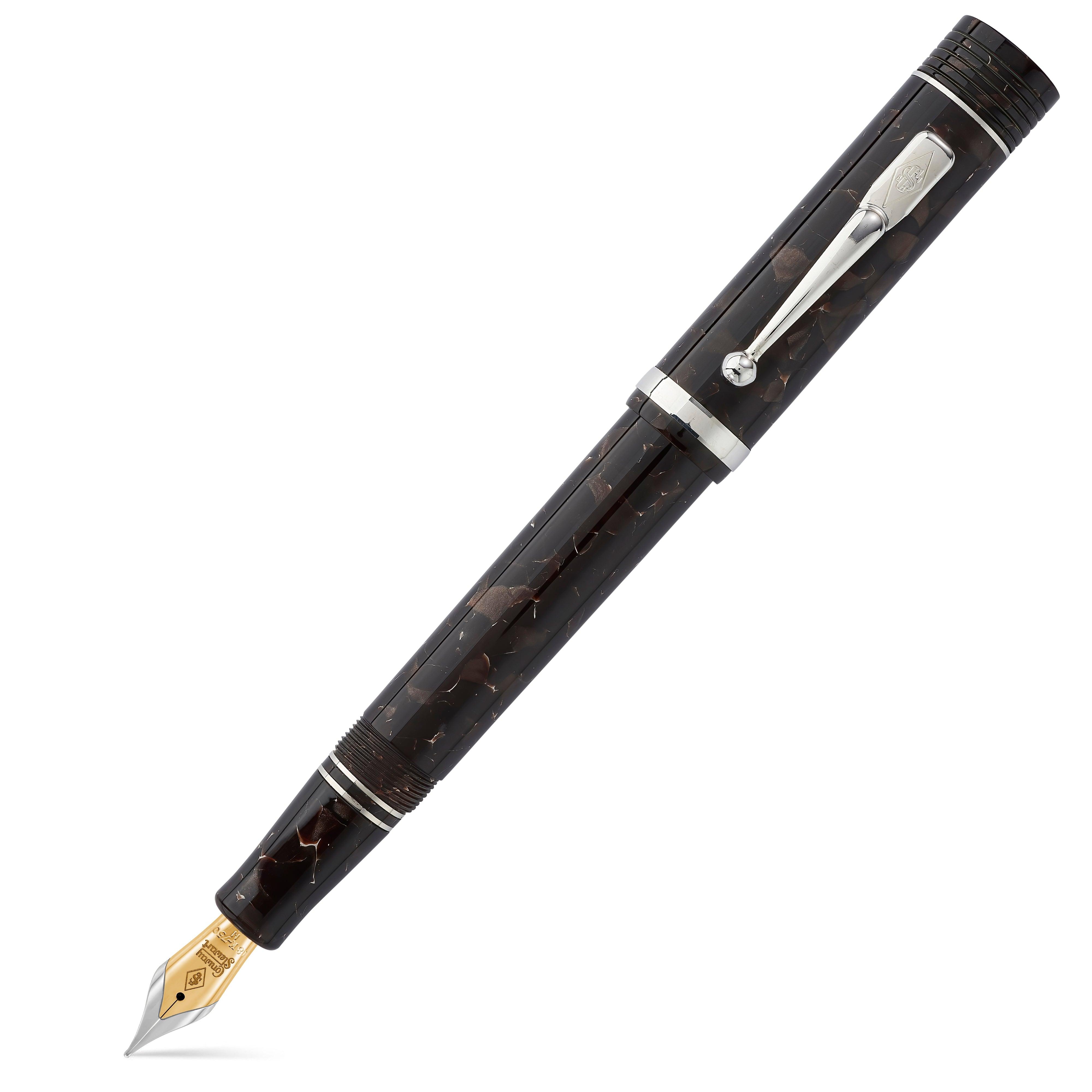 Churchill Dartmoor Silver fountain pen uncapped, dark brown marbled acrylic with chrome trim