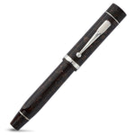 Churchill Dartmoor Silver fountain pen capped, showing the chrome clip against marbled acrylic