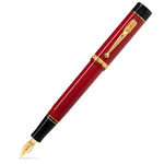 Churchill Modena Red fountain pen, capped, showing glossy red lacquer barrel with gold-tone trim