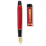 Churchill Modena Red fountain pen uncapped, viewed from above with cap laid alongside