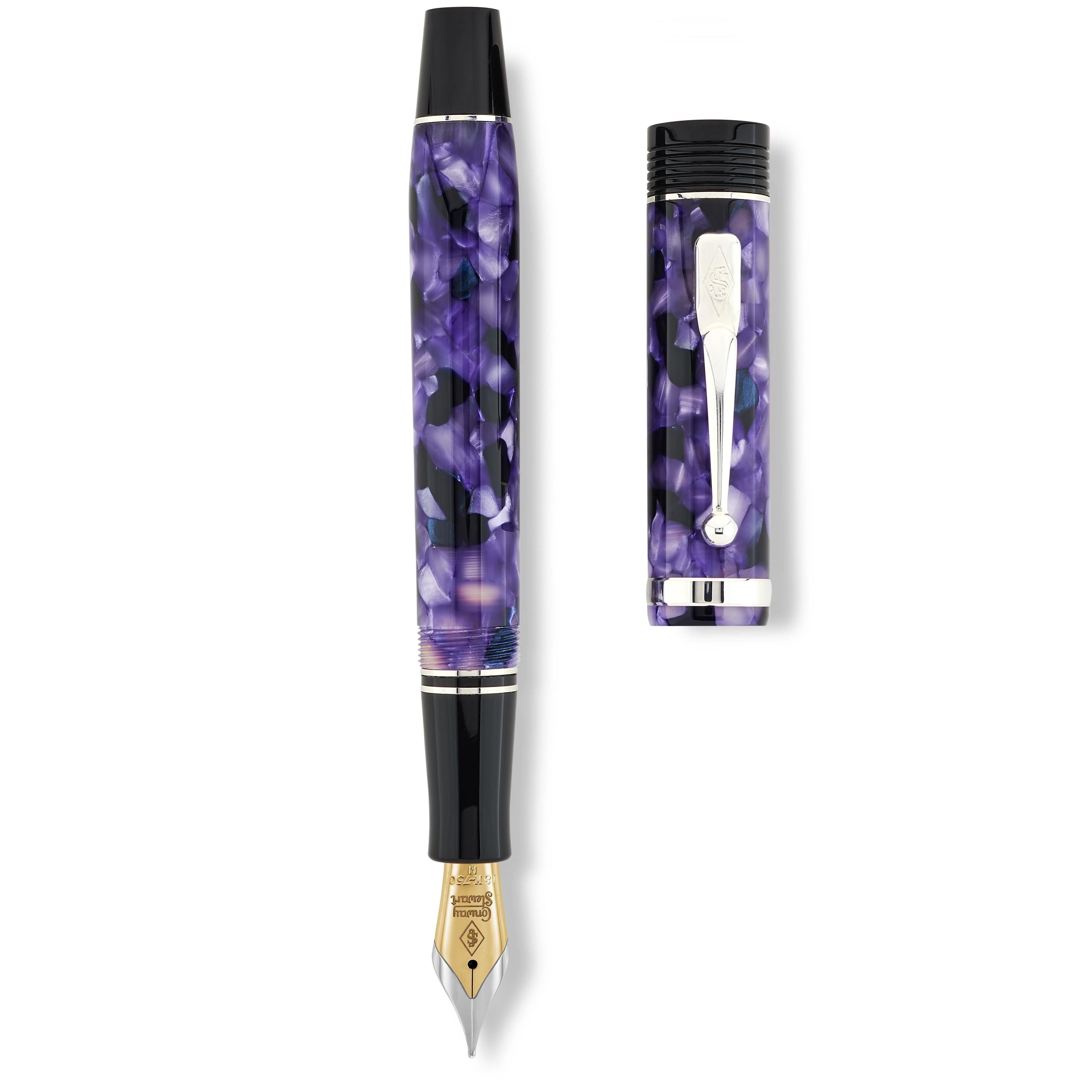 Churchill Wisteria pen and cap shown separately from above, comparing barrel and cap patterning