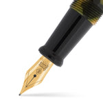 Nahaufnahme der Collectors Pen Coral Green Feder in Goldton vor marmoriertem Acryl-Griffstück